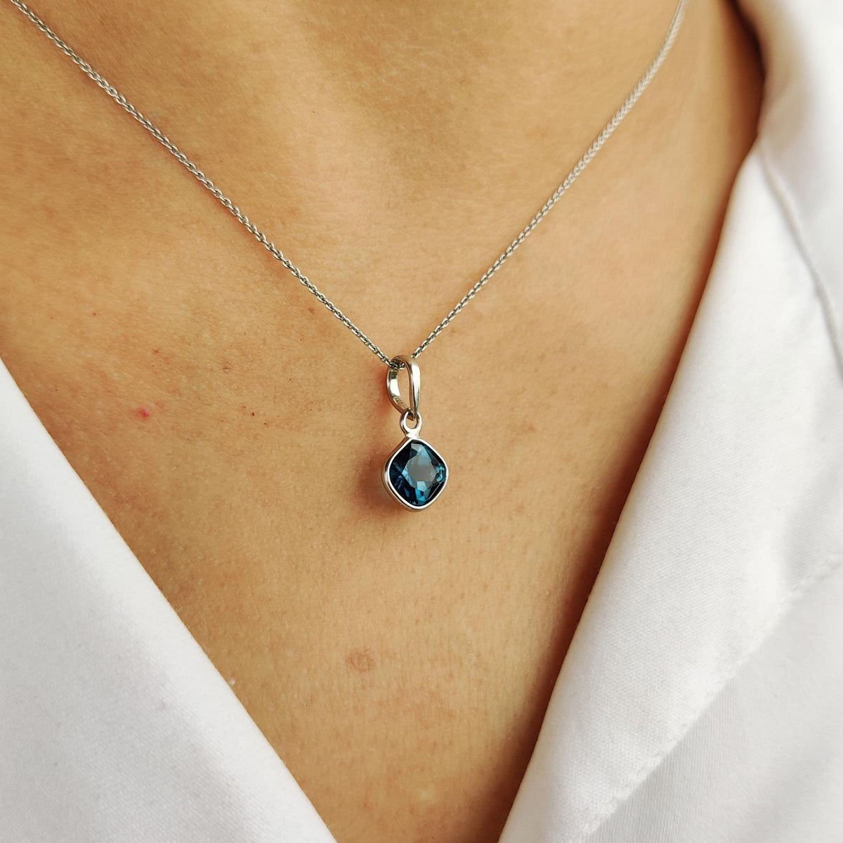 Natural London Blue Topaz Pendant, 14K Solid White Gold, December Birthstone