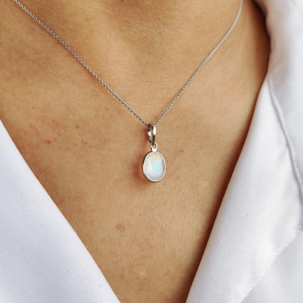 Natural Rainbow Moonstone Pendant, 14K Solid White Gold, June Birthstone