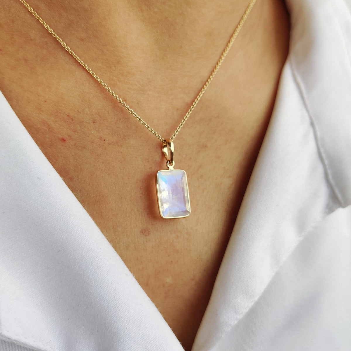 Natural Rainbow Moonstone Pendant, Octagon Pendant, 14K Solid Yellow Gold, June Birthstone