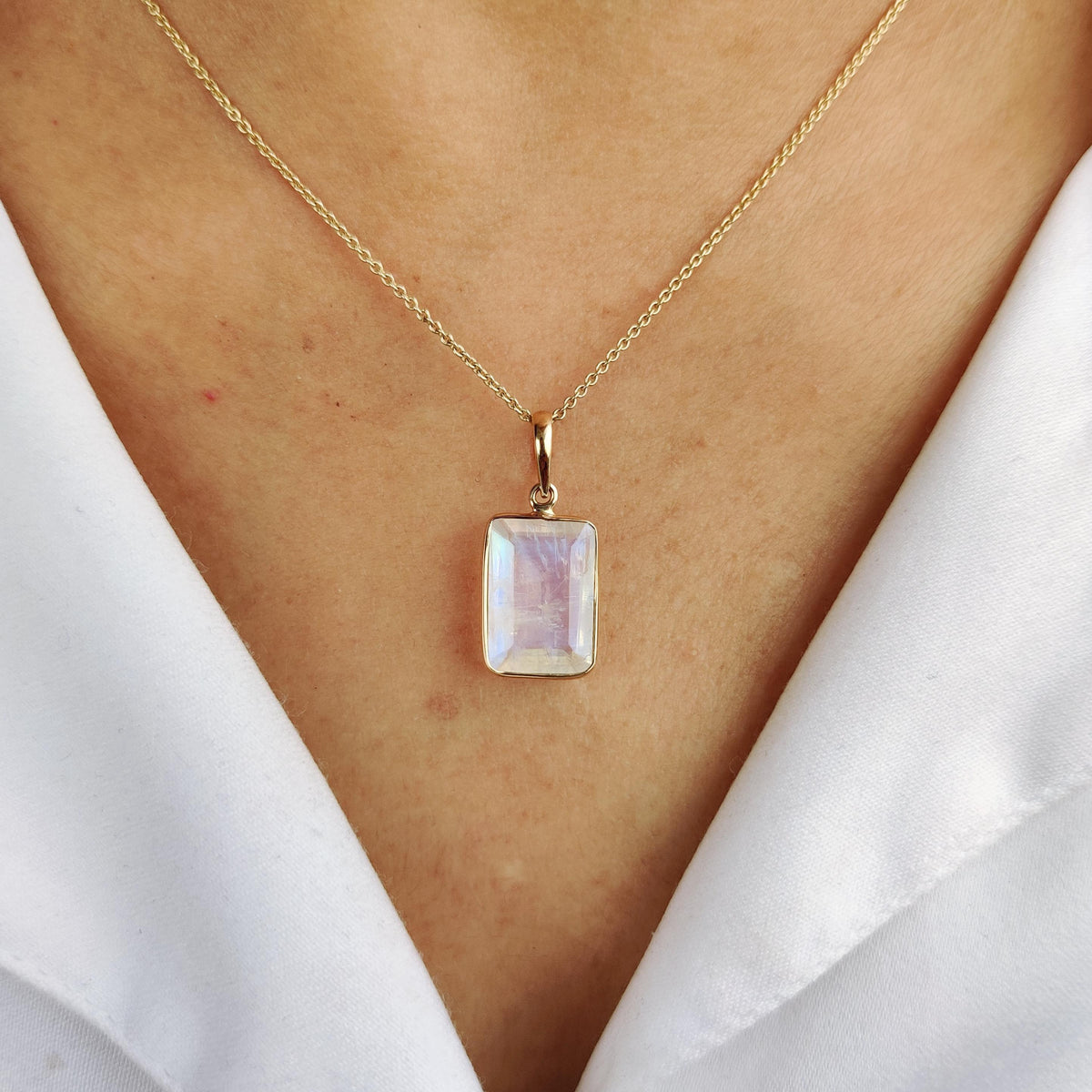 Natural Rainbow Moonstone Pendant, Octagon Pendant, 14K Solid Yellow Gold, June Birthstone