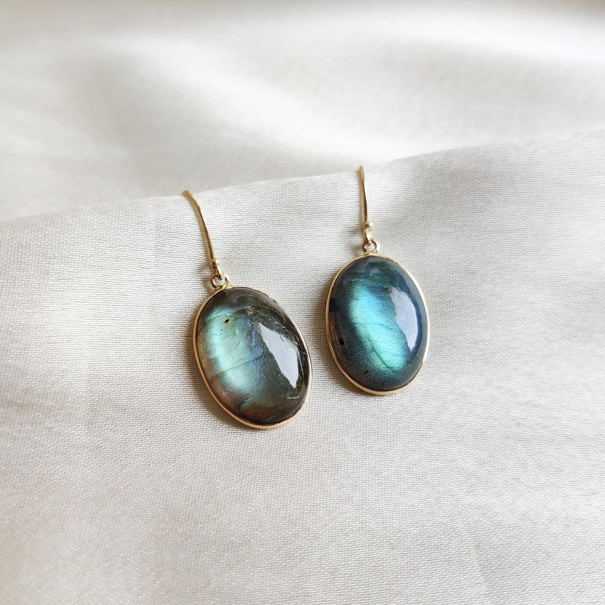 14K Solid Gold Natural Labradorite Drop Earrings: August Birthstone
