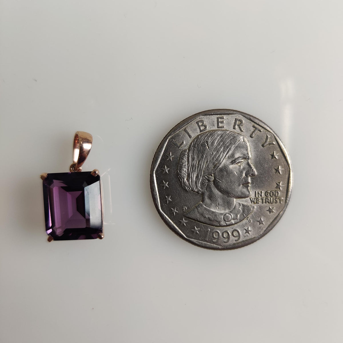 Emerald Cut Natural Purple Amethyst Pendant, 14K Solid Rose Gold, February Birthstone
