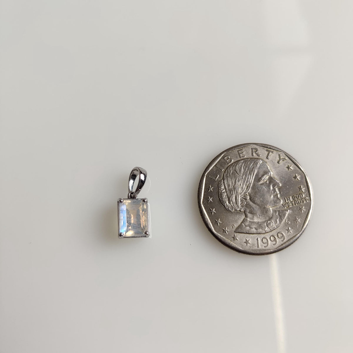 Natural Rainbow Moonstone Octagon Pendant, 14K Solid White Gold, June Birthstone