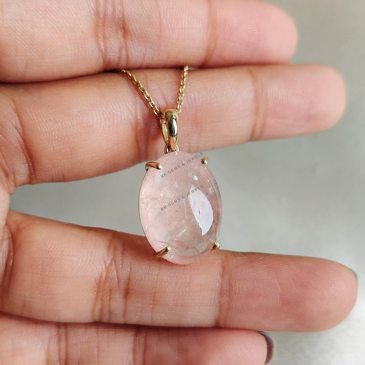 14K Solid Yellow Gold Natural Morganite Pendant - Oval Cabochon November Birthstone