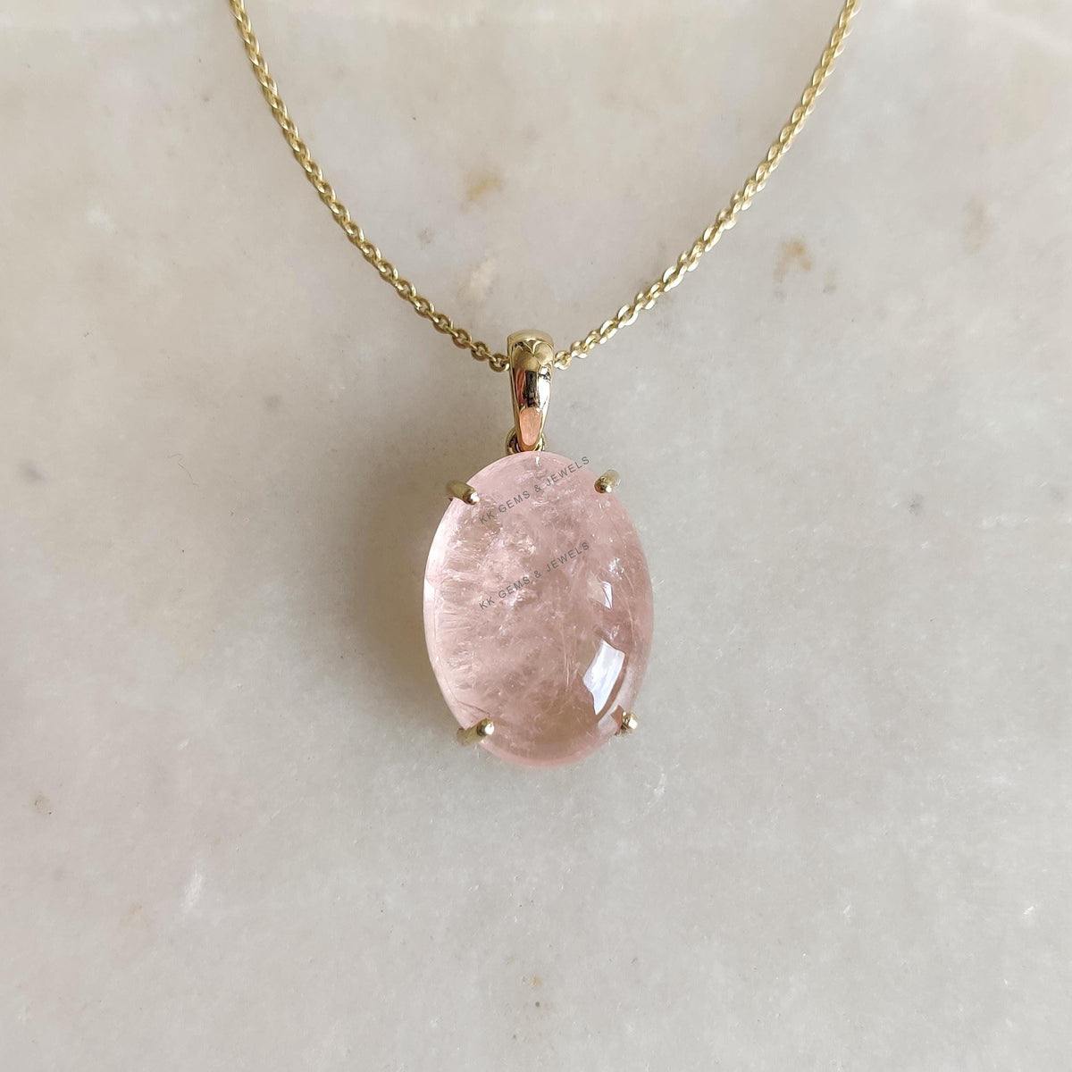 14K Solid Yellow Gold Natural Morganite Pendant - Oval Cabochon November Birthstone