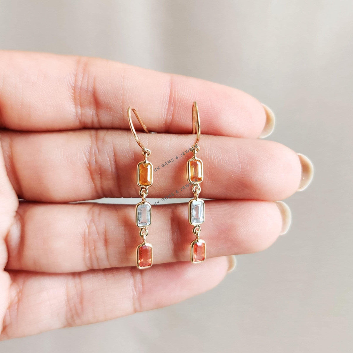 14K Solid Yellow Gold Natural Multi Sapphire Drop Earrings, September Birthstone
