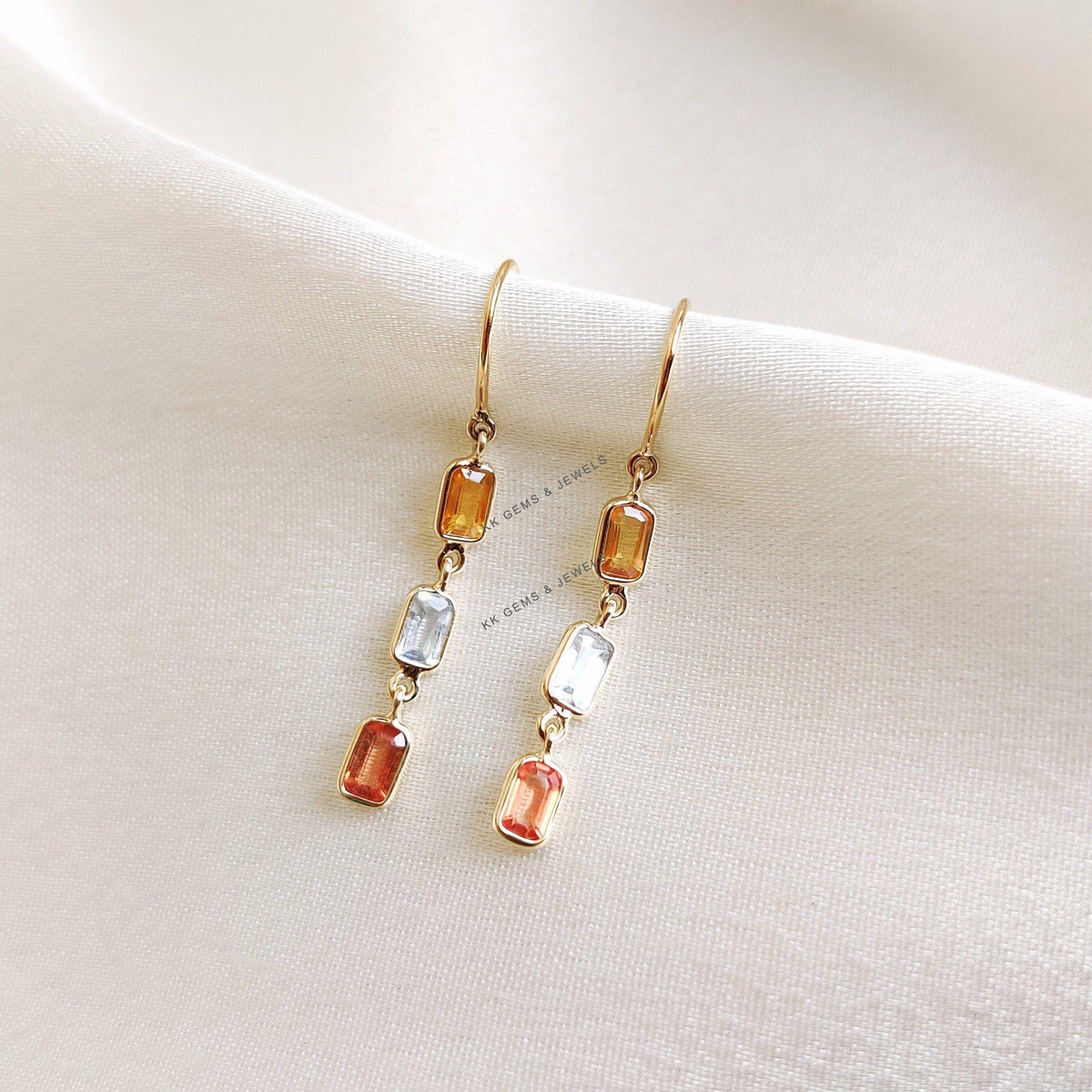 14K Solid Yellow Gold Natural Multi Sapphire Drop Earrings, September Birthstone