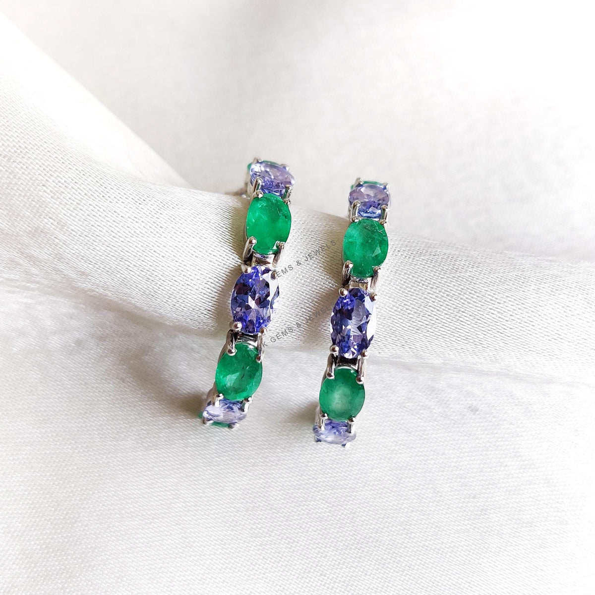 Natural Emerald & Tanzanite Earrings, 14K Solid White Gold Hoop Jewelry