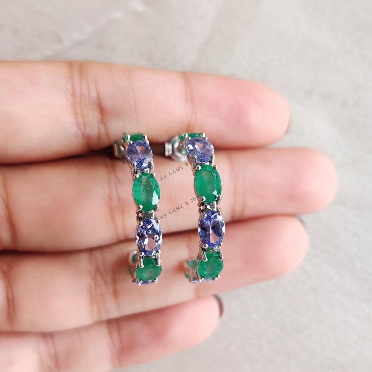 Natural Emerald & Tanzanite Earrings, 14K Solid White Gold Hoop Jewelry