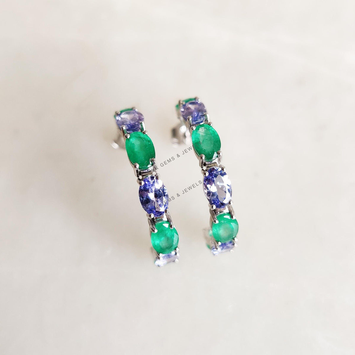 Natural Emerald & Tanzanite Earrings, 14K Solid White Gold Hoop Jewelry