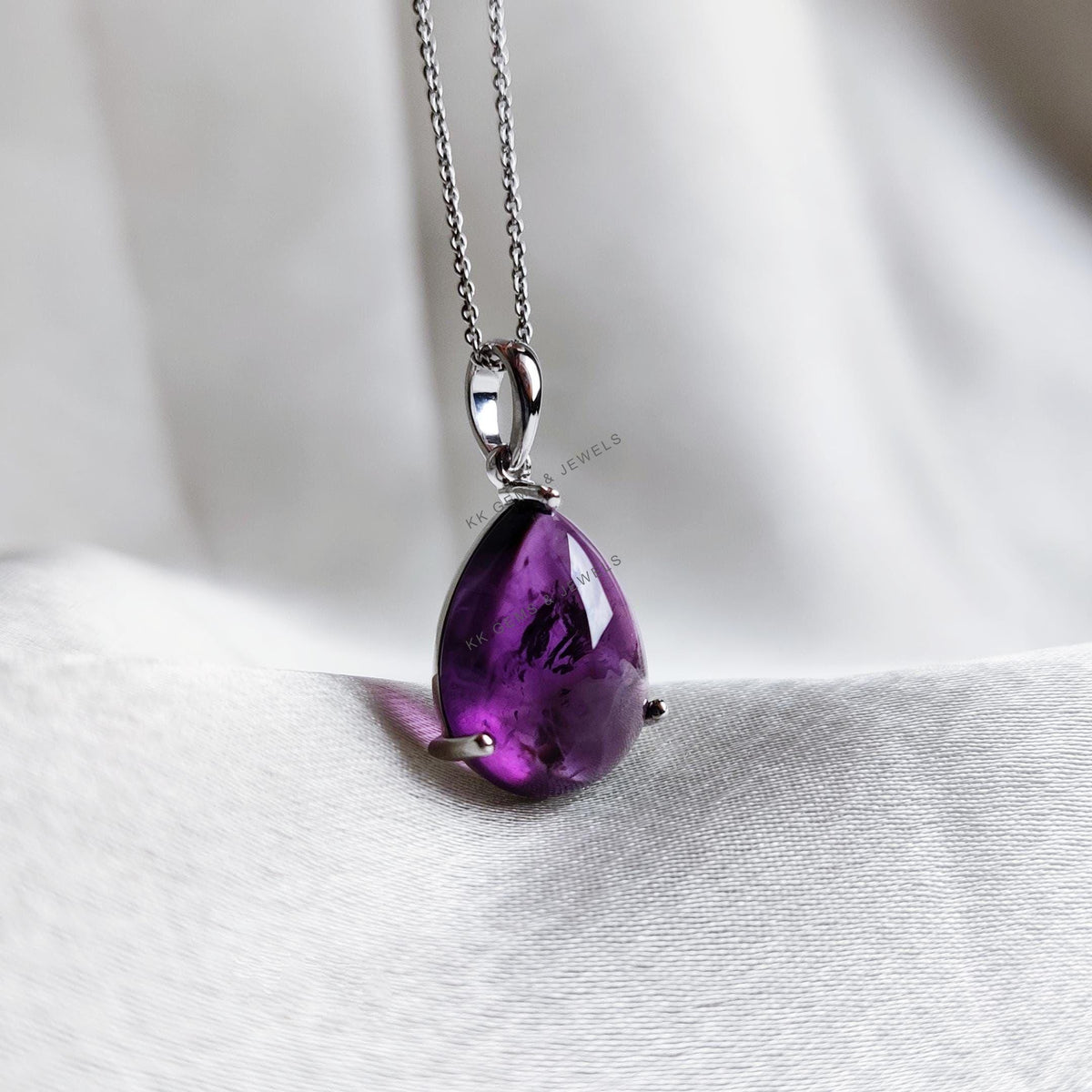 Pear Natural Purple Amethyst Pendant, 14K Solid White Gold, February Birthstone