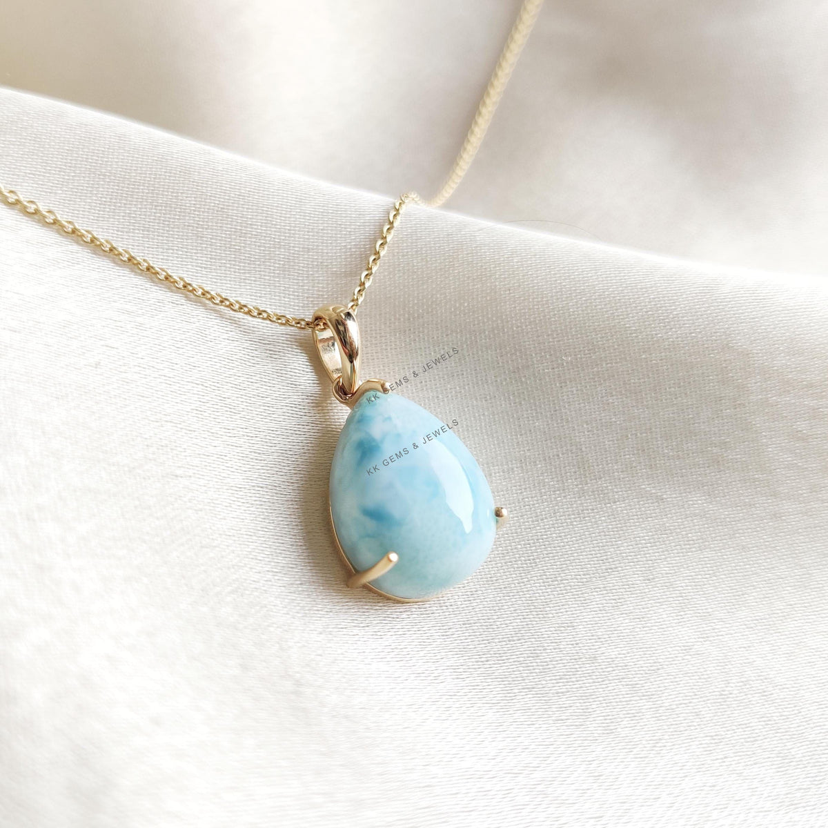 Natural Larimar 14K Solid Yellow Gold Prong Setting Pendant, March Birthstone