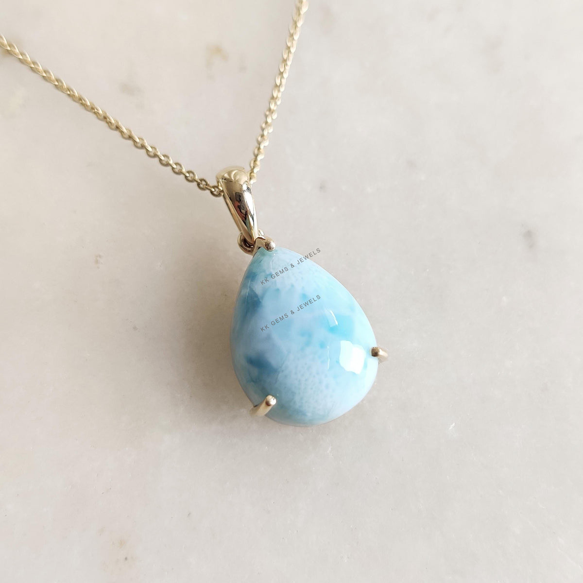 Natural Larimar 14K Solid Yellow Gold Prong Setting Pendant, March Birthstone