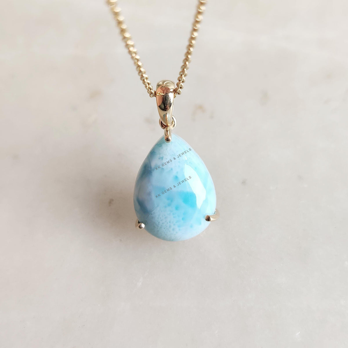 Natural Larimar 14K Solid Yellow Gold Prong Setting Pendant, March Birthstone