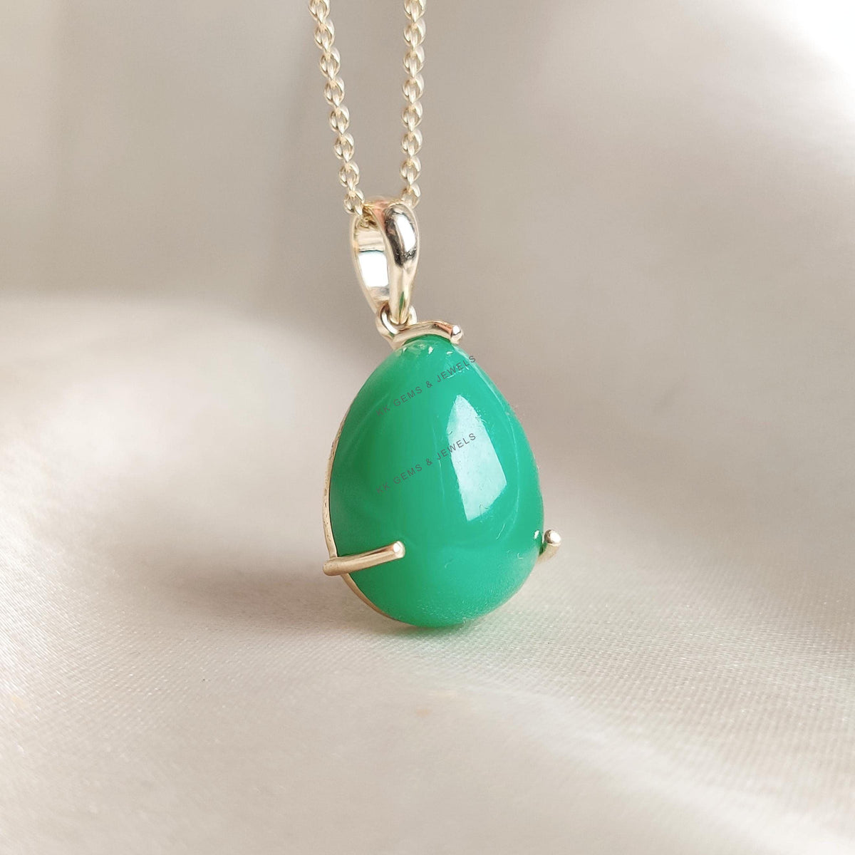 14K Solid Gold Natural Chrysoprase Pendant, Pear Cabochon, May Birthstone