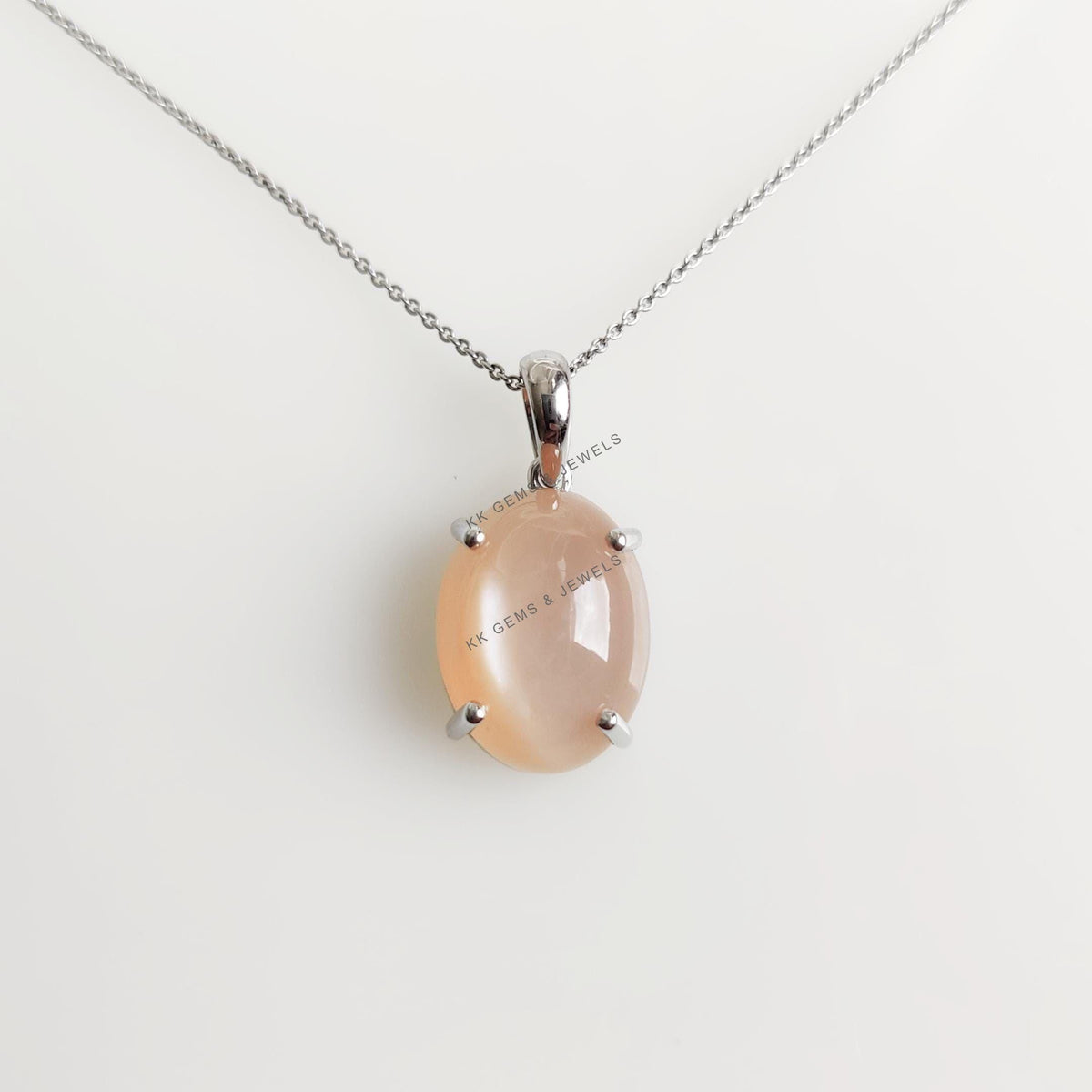 Natural Peach Moonstone Pendant, 14K Solid White Gold, June Birthstone Jewelry