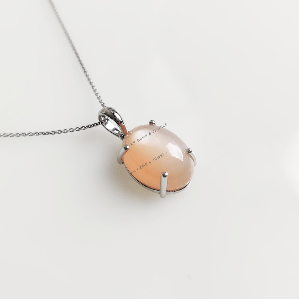 Natural Peach Moonstone Pendant, 14K Solid White Gold, June Birthstone Jewelry