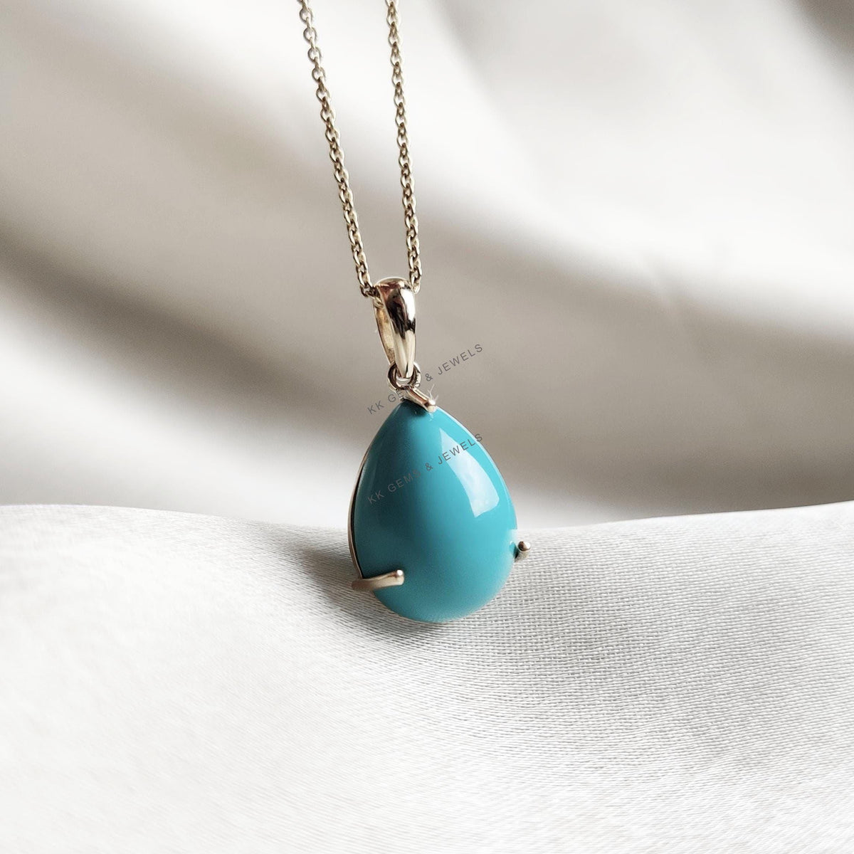 14K Solid Gold Pear Natural Turquoise Pendant, December Birthstone Jewelry
