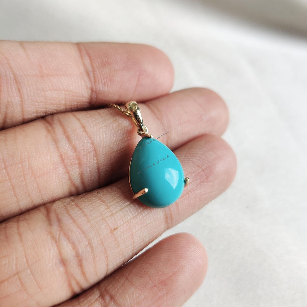 14K Solid Gold Pear Natural Turquoise Pendant, December Birthstone Jewelry