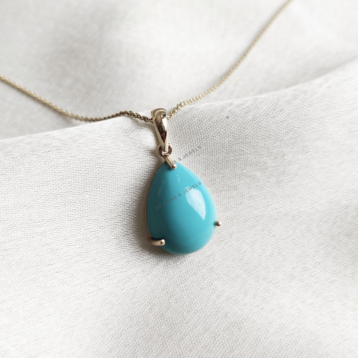 14K Solid Gold Pear Natural Turquoise Pendant, December Birthstone Jewelry