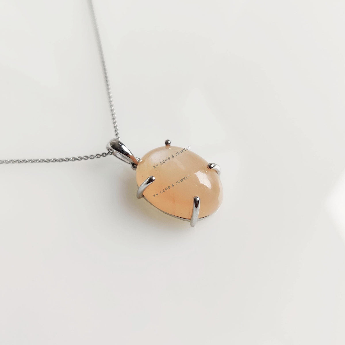 Natural Peach Moonstone Pendant, 14K Solid White Gold Prong Setting, June Birthstone