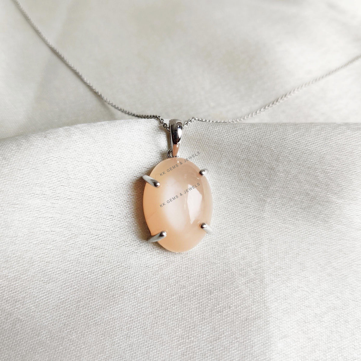 Natural Peach Moonstone Pendant, 14K Solid White Gold Prong Setting, June Birthstone
