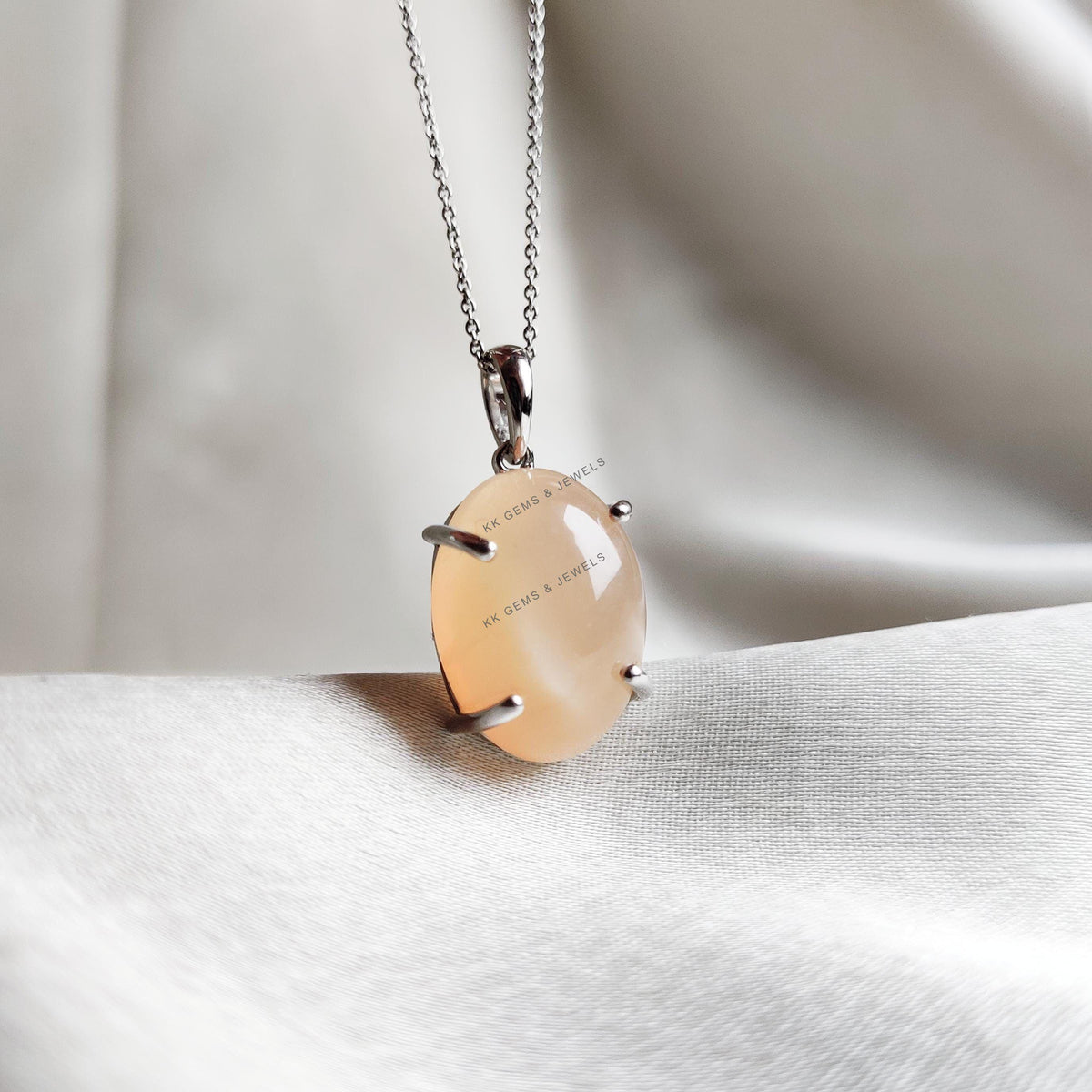 Natural Peach Moonstone Pendant, 14K Solid White Gold Prong Setting, June Birthstone