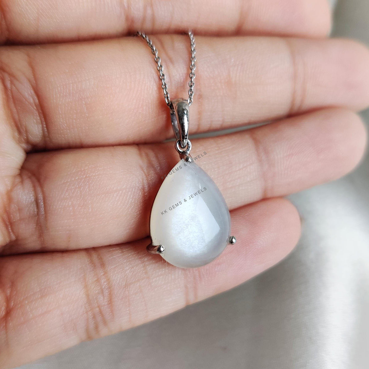 14K Solid White Gold Pear Natural White Moonstone Pendant, June Birthstone