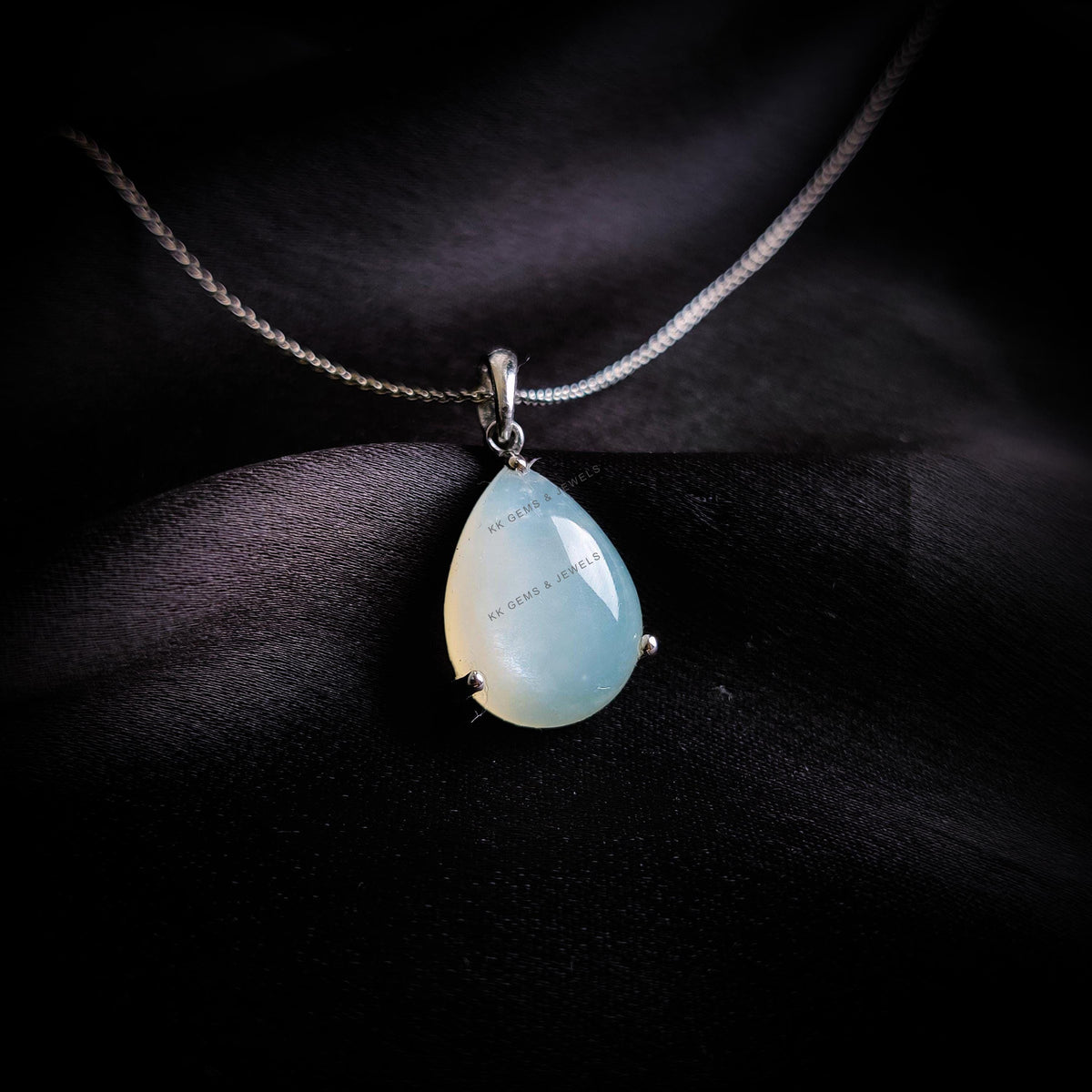 14K Solid White Gold Pear Natural White Moonstone Pendant, June Birthstone