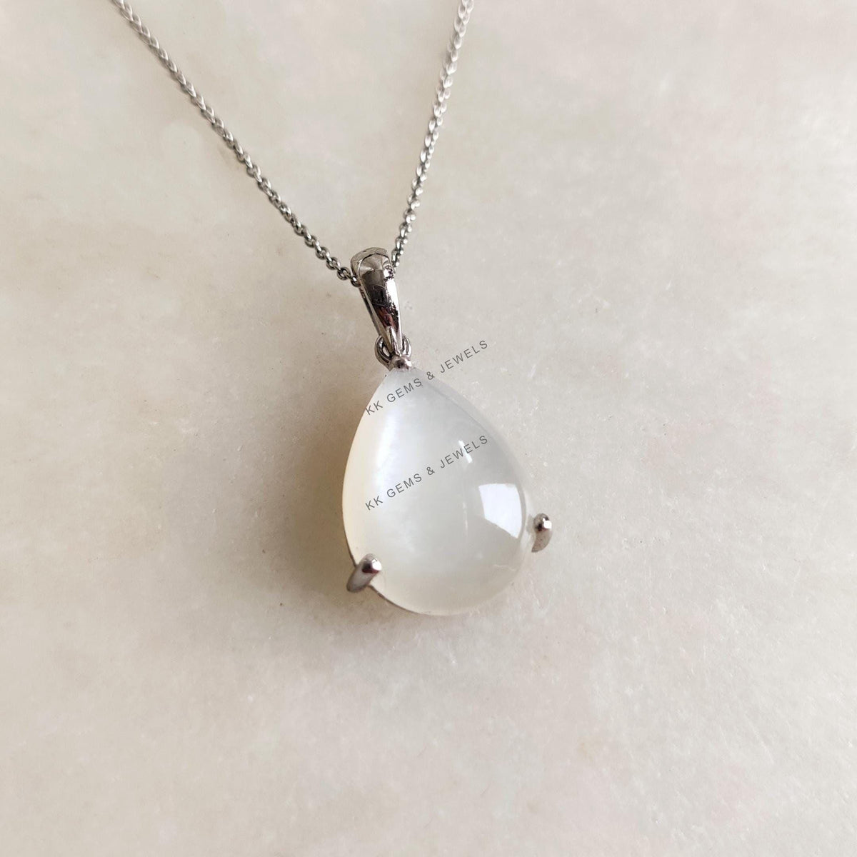 14K Solid White Gold Pear Natural White Moonstone Pendant, June Birthstone