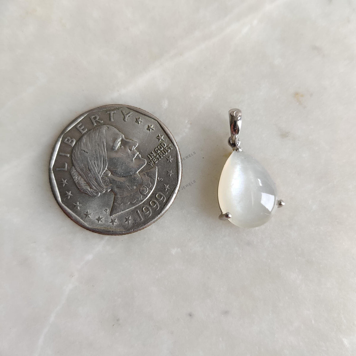 14K Solid White Gold Pear Natural White Moonstone Pendant, June Birthstone