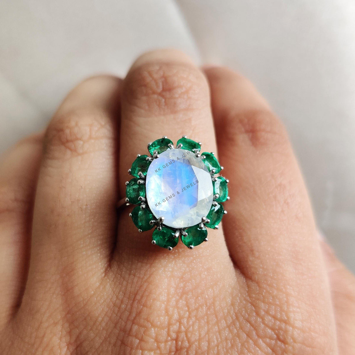 Natural Rainbow Moonstone & Emerald Ring, 14K Solid White Gold Halo Ring