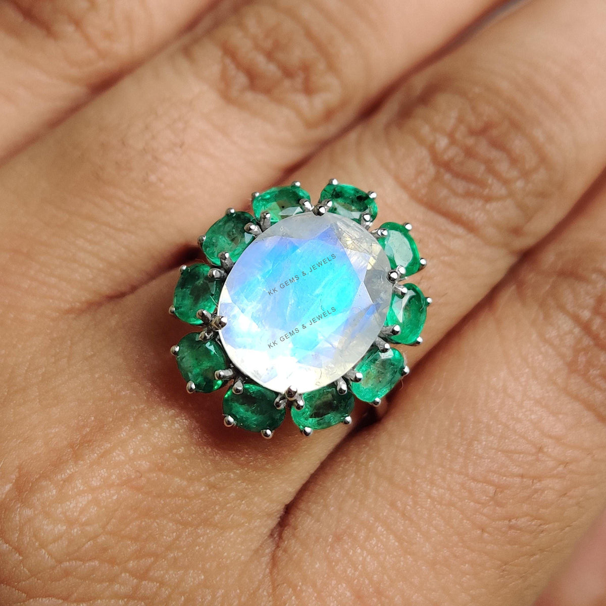 Natural Rainbow Moonstone & Emerald Ring, 14K Solid White Gold Halo Ring