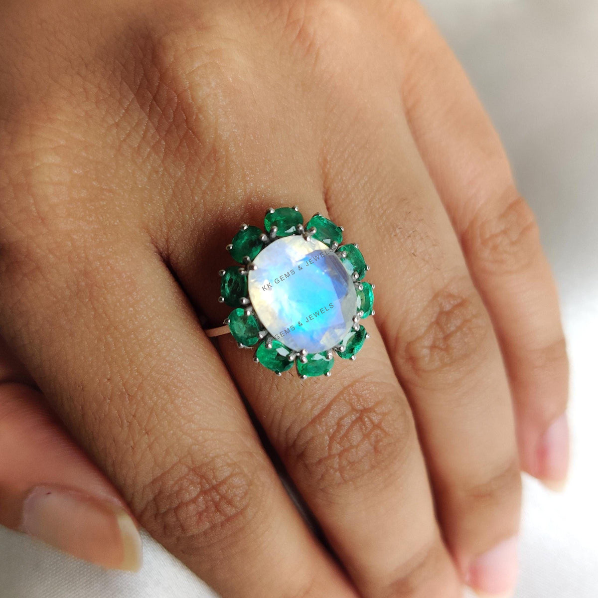 Natural Rainbow Moonstone & Emerald Ring, 14K Solid White Gold Halo Ring