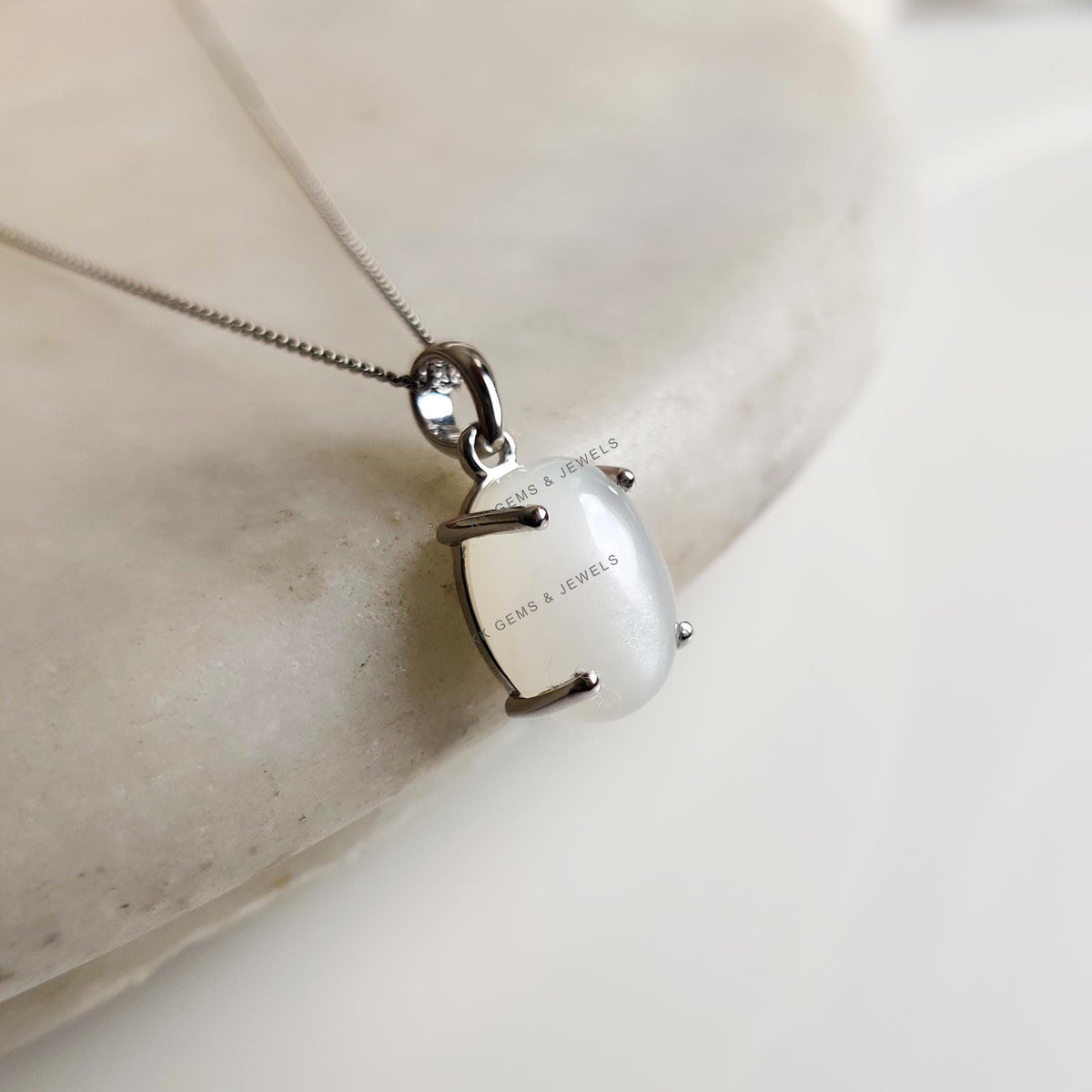Natural White Moonstone Pendant, 14K Solid White Gold Prong Setting, June Birthstone