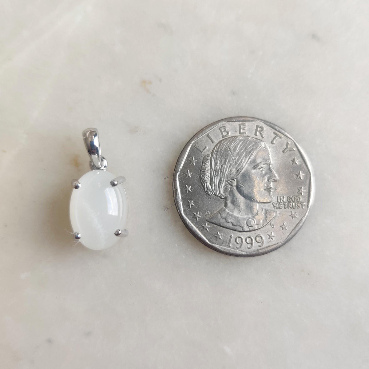 Natural White Moonstone Pendant, 14K Solid White Gold Prong Setting, June Birthstone
