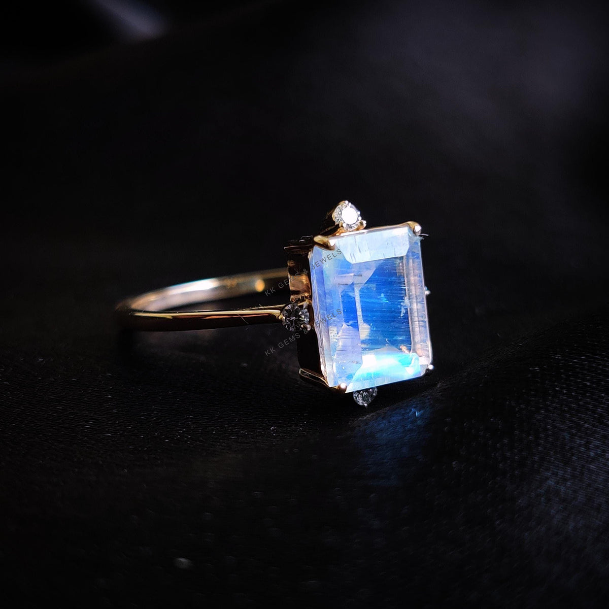 Natural Rainbow Moonstone & Diamond Ring, 14K Solid Rose Gold, Gemstone Jewelry