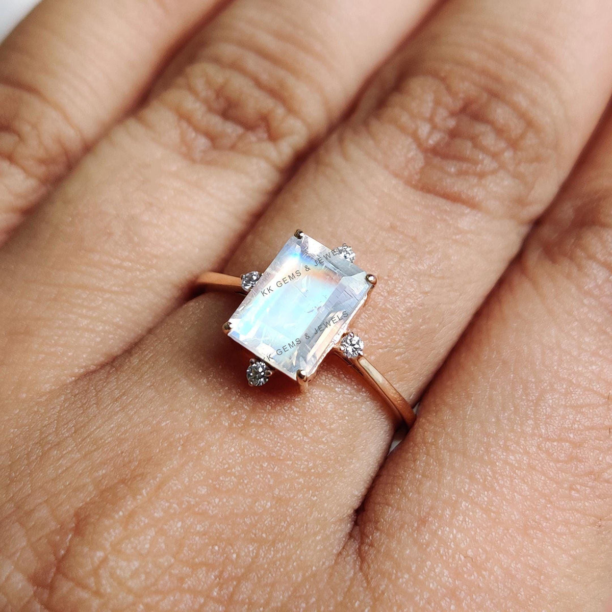 Natural Rainbow Moonstone & Diamond Ring, 14K Solid Rose Gold, Gemstone Jewelry