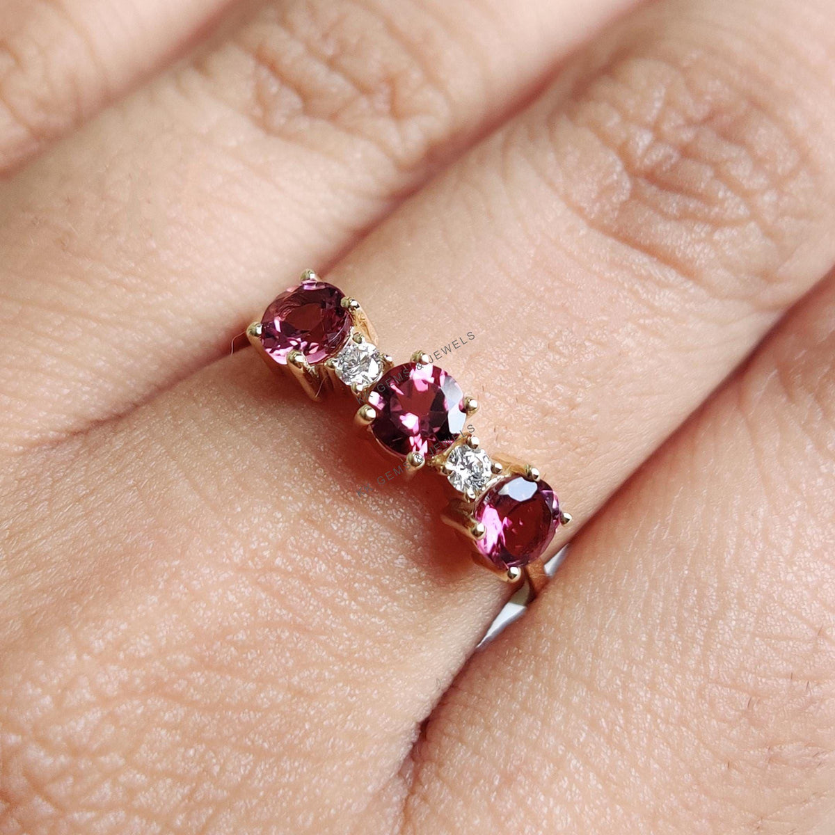 Natural Pink Tourmaline and Diamond Stackable Ring, 14K Solid Yellow Gold, October Birthstone