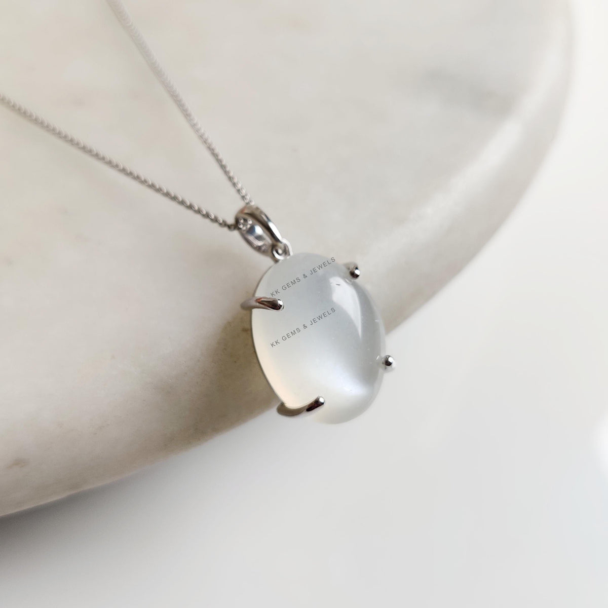 Natural White Moonstone Pendant, 14K Solid White Gold Prong Setting, June Birthstone