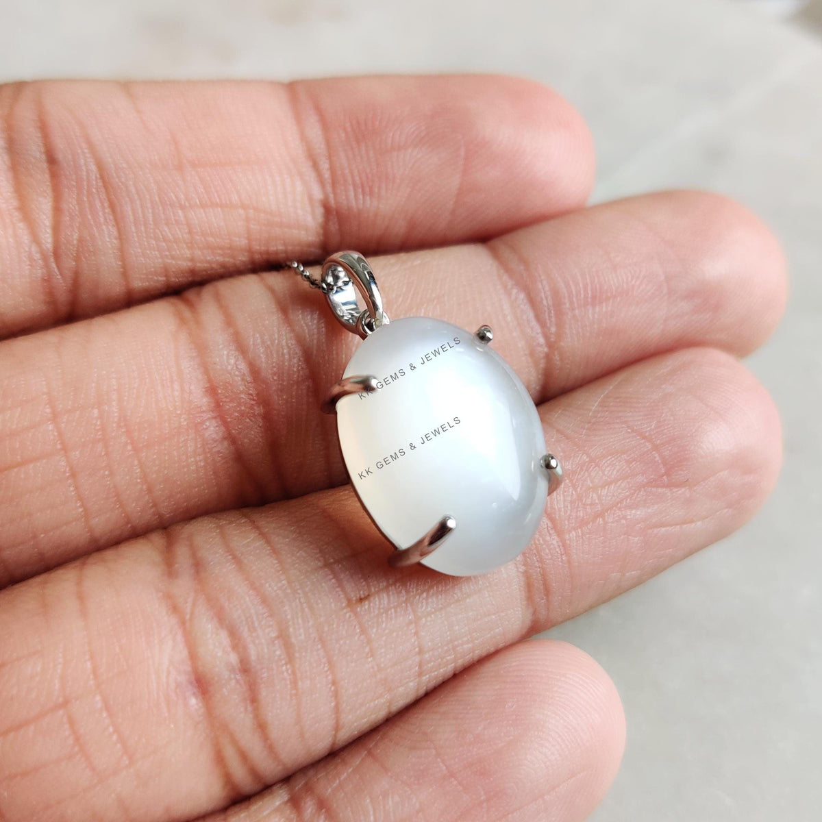 Natural White Moonstone Pendant, 14K Solid White Gold Prong Setting, June Birthstone