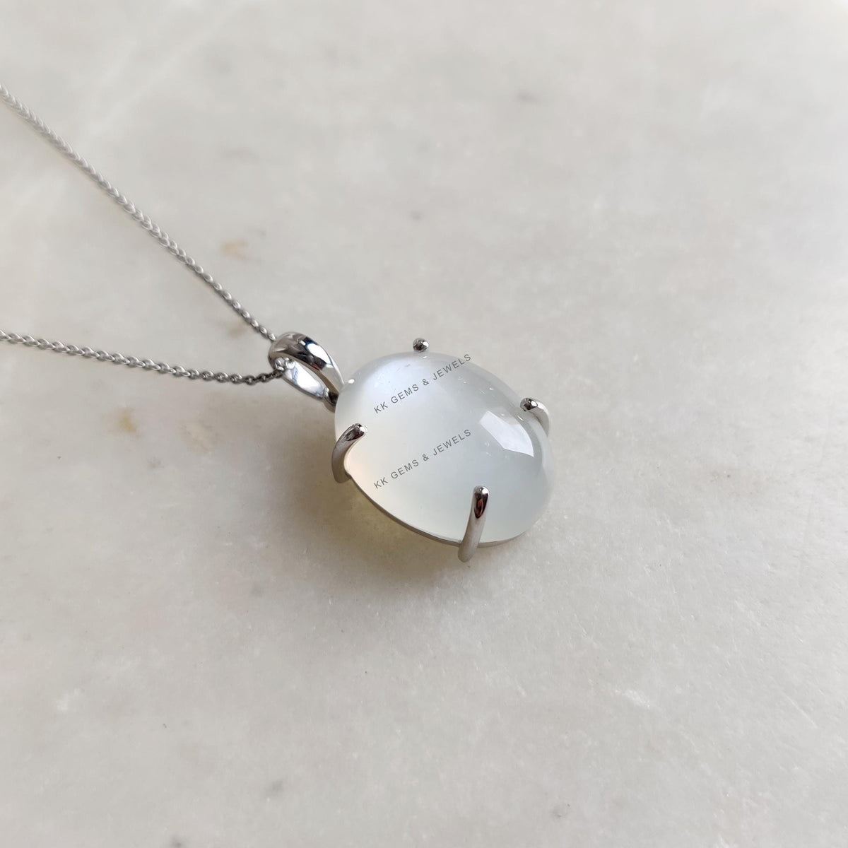Natural White Moonstone Pendant, 14K Solid White Gold Prong Setting, June Birthstone