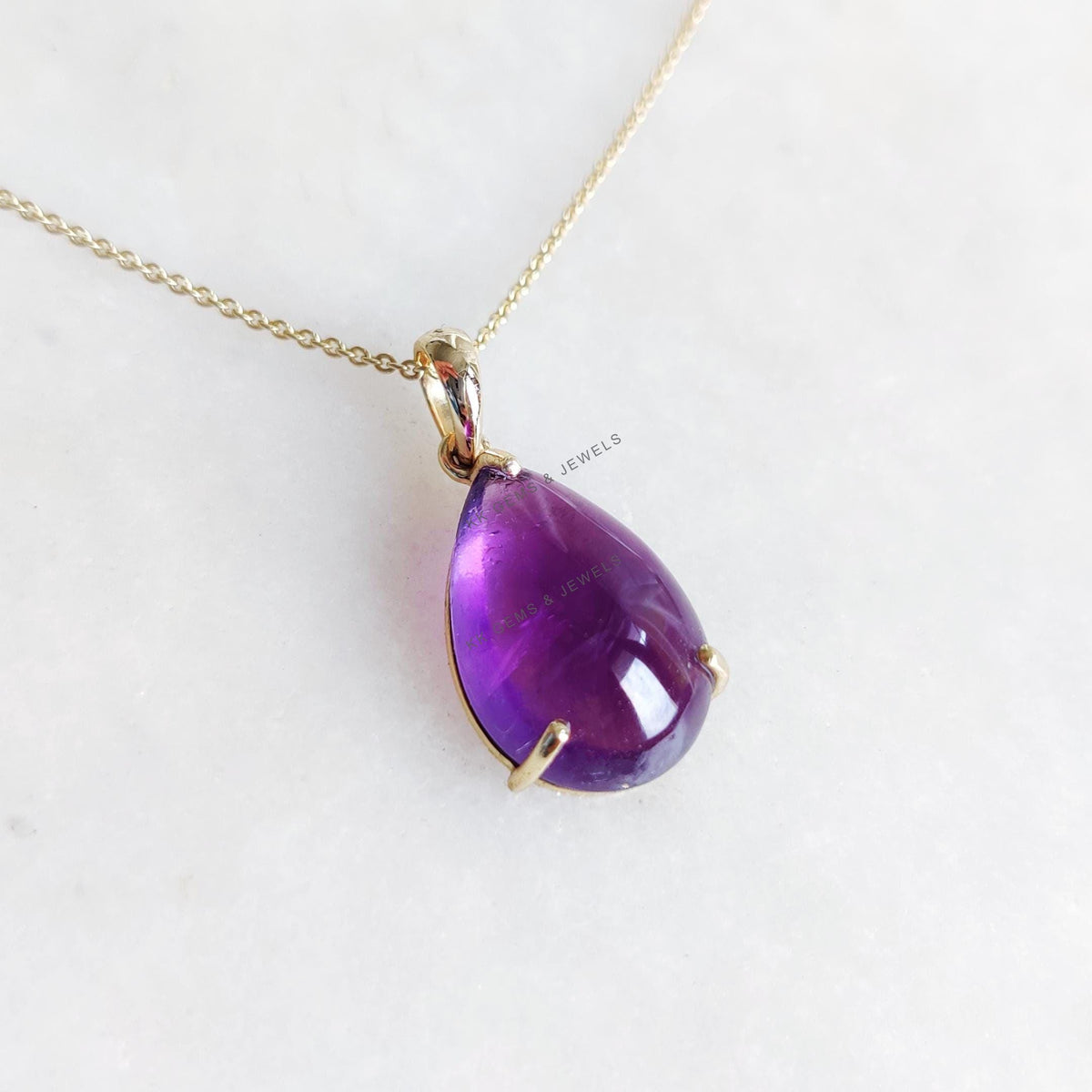 14K Solid Gold Natural Purple Amethyst Pear Pendant: February Birthstone Jewelry