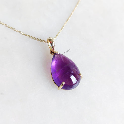 14K Solid Gold Natural Purple Amethyst Pear Pendant: February Birthstone Jewelry