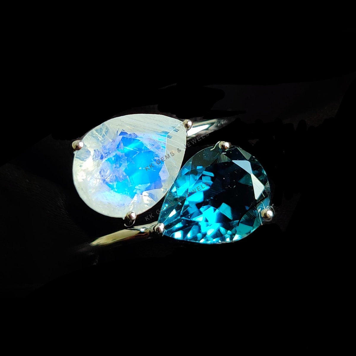 Natural London Blue Topaz & Rainbow Moonstone 14K Solid White Gold Toi et Moi Ring