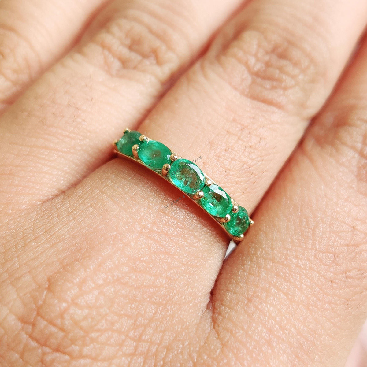 Natural Emerald Ring, 14K Solid Yellow Gold Stackable Band, May Birthstone