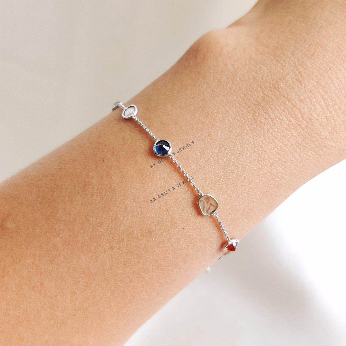 14K Solid White Gold Natural Multi Sapphire & Diamond Slice Bracelet, September Birthstone