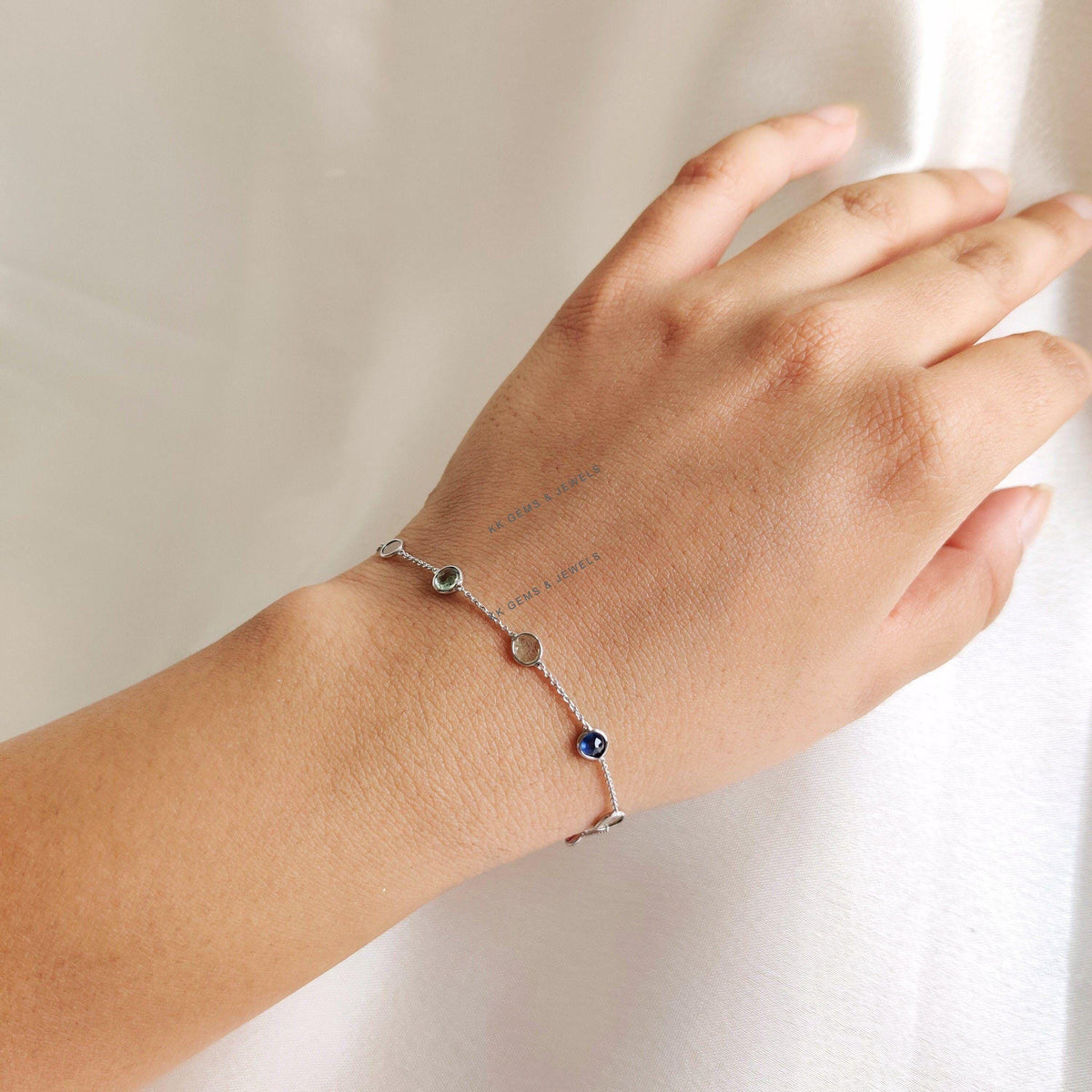 14K Solid White Gold Natural Multi Sapphire & Diamond Slice Bracelet, September Birthstone