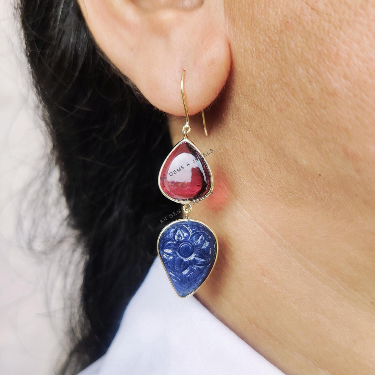 Natural Rubellite Tourmaline & Carved Blue Sapphire 14K Solid Yellow Gold Earrings