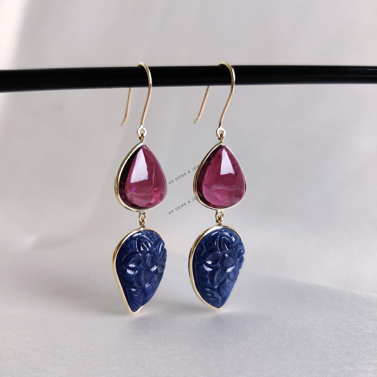 Natural Rubellite Tourmaline & Carved Blue Sapphire 14K Solid Yellow Gold Earrings